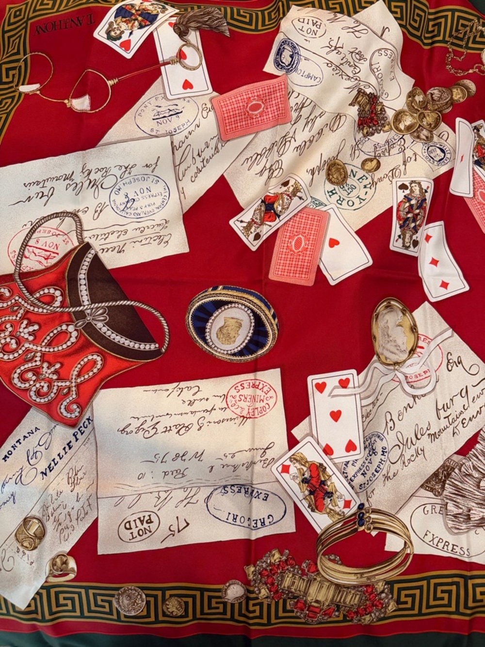 Red Womens Scarf with Vintage Playing Card & Jewelry Print